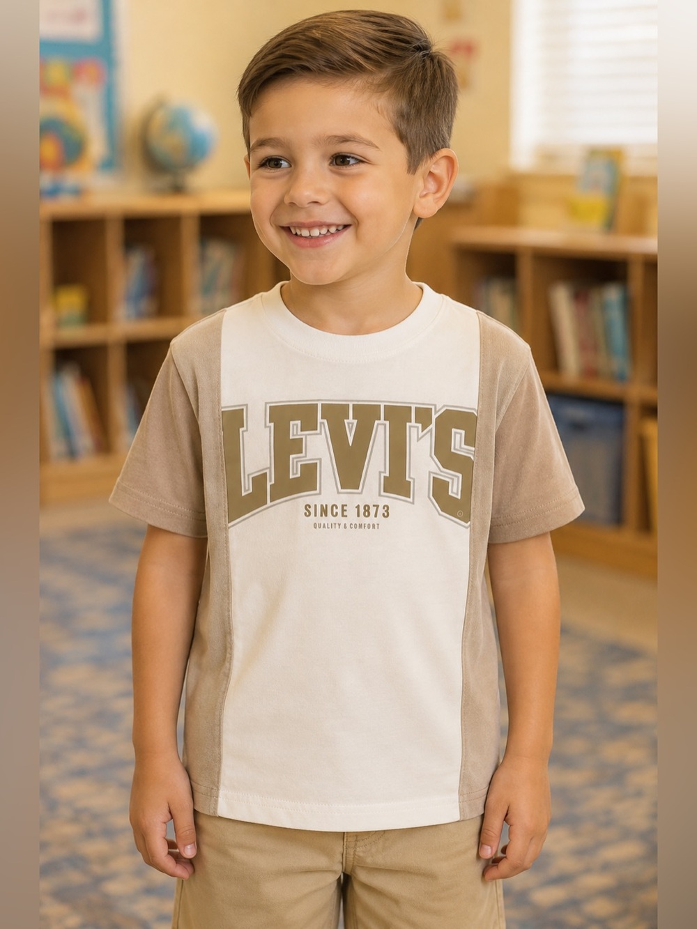 NWT Levi’s Boys Size 5 Colorblock Logo Graphic T-Shirt Cream Tan